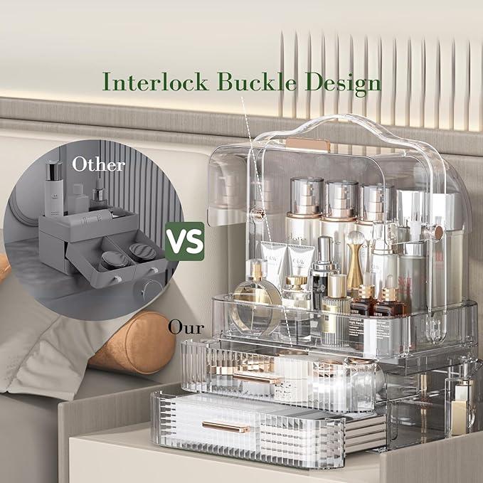 LINFIDITE Cosmetics Storage Box Transparent Lid Large Makeup Organizer Box Drawers Portable Handle Waterproof Dustproof Skincare Display Cases for Countertop, Bathroom, Dresser,Gift Clear Green - ModernBath