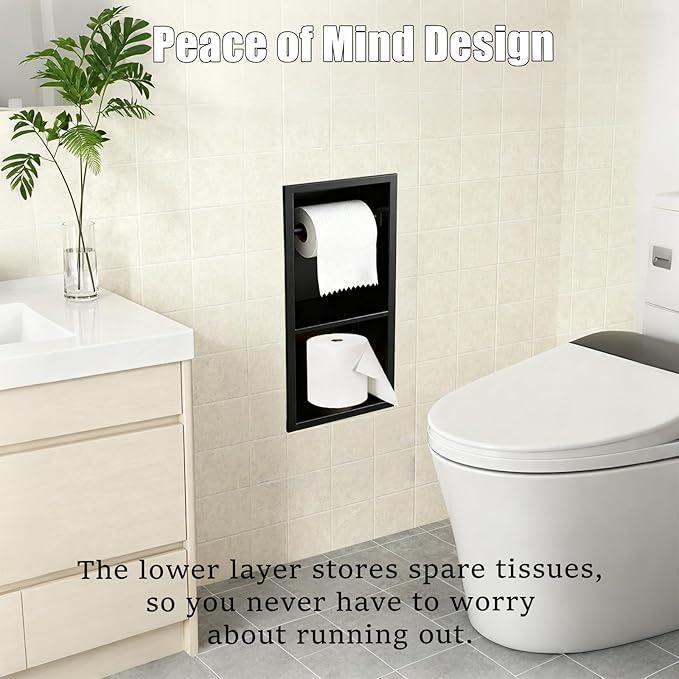 Recessed Toilet Paper Holder, Matte Black Toilet Paper Roll Holder Built-in Bathroom Tissue Roll Holder with Storage, Stainless Steel，Rust-Proof and Space-Saving - ModernBath