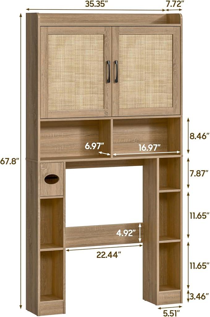Over The Toilet Storage Cabinet, Farmhouse Toilet Cabinet Rack with Barn Doors, Space Saving Bathroom Organizer with Shelves,Toilet Paper Holder and Towel Rack for Bathroom,Restroom,Laundry,Rattan Oak - ModernBath