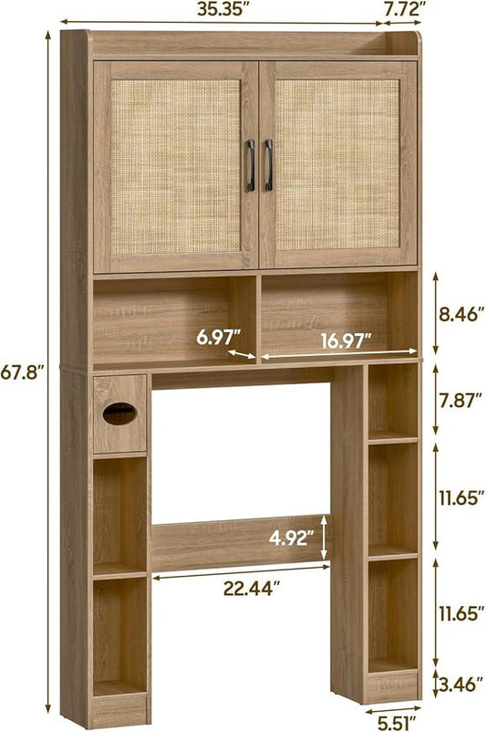 Over The Toilet Storage Cabinet, Farmhouse Toilet Cabinet Rack with Barn Doors, Space Saving Bathroom Organizer with Shelves,Toilet Paper Holder and Towel Rack for Bathroom,Restroom,Laundry,Rattan Oak - ModernBath