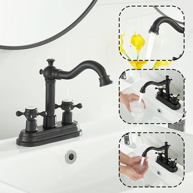 GGStudy Bathroom Faucet Matte Black 2 Handles 4 Inches Centerset Black Bathroom Vanity with Drain Assembly and Supply Hose Lavatory Faucet - ModernBath