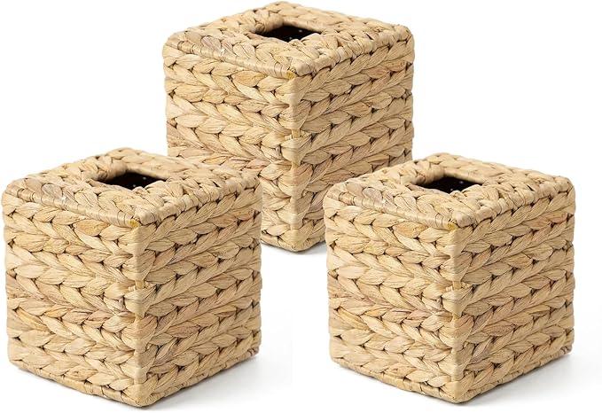 3 Pack Square Rattan Tissue Box Cover, Water Hyacinth Tissue Box Holder, Natural Hand Woven Wicker Tissue Holder for Bathroom, Kitchen, Living Room, Bedroom, Boho Decorative - ModernBath