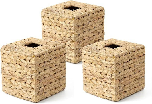 3 Pack Square Rattan Tissue Box Cover, Water Hyacinth Tissue Box Holder, Natural Hand Woven Wicker Tissue Holder for Bathroom, Kitchen, Living Room, Bedroom, Boho Decorative - ModernBath