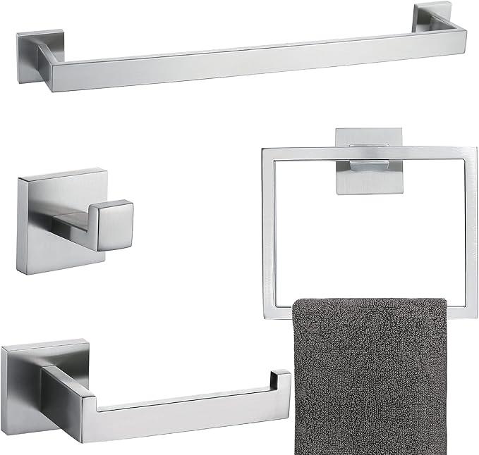 Brushed 4-Piece Bathroom Hardware Set Premium Stainless Steel Bath Towel Bar Sets Wall Mounted Square Bathroom Accessories Kit, 23.6 Inch Brushed Nickel - ModernBath