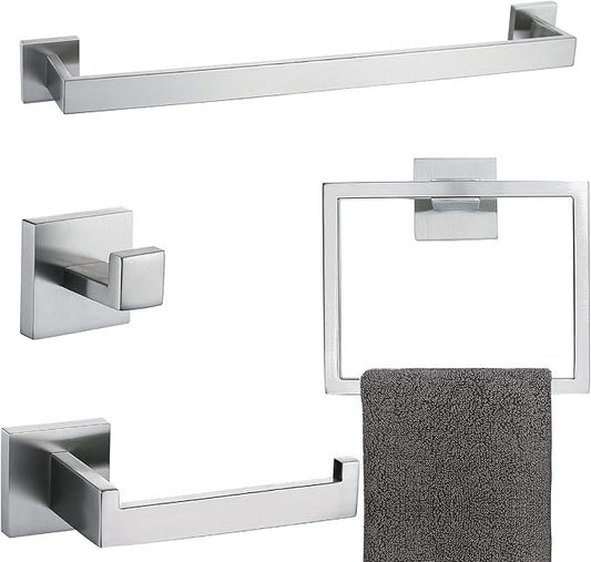 Brushed 4-Piece Bathroom Hardware Set Premium Stainless Steel Bath Towel Bar Sets Wall Mounted Square Bathroom Accessories Kit, 23.6 Inch Brushed Nickel - ModernBath