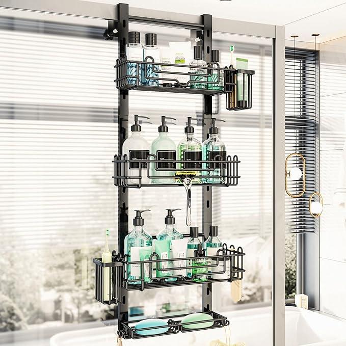 HapiRm 4 Tier Over the Door Shower Caddy, Hanging Shower Caddy with 22 Hooks and 2 Toothbrush Holders, No Drilling Adjustable Hanging Bathroom Organizer - Black - ModernBath