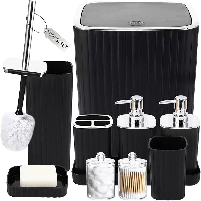 XLHOMO Bathroom Accessories Set - Gorgeous Bathroom Set, 10PC Black Bathroom Accessory Set, Toilet Brush, Trash Can, Qtip Holder Dispenser & Soap Dispenser - ModernBath