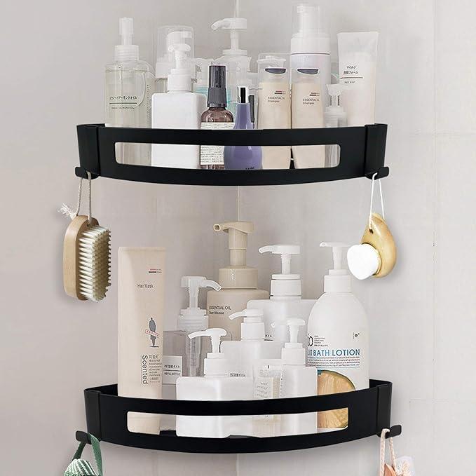 NearMoon Bathroom Shower Caddy 2 Pack, No Drill 304 Stainless Steel Shower Organizer with 2 Hooks (Corner Shelf, Matte Black) - ModernBath