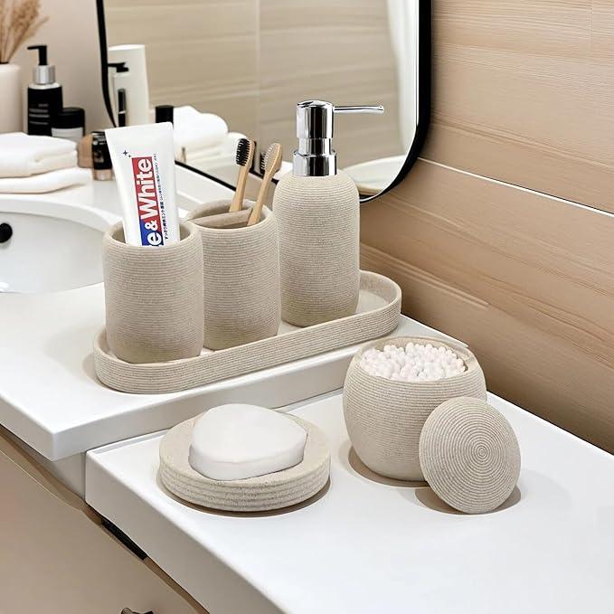 Bathroom Accessory Set, 6PCS Beige Bathroom Accessories - Soap Dish, Lotion Dispenser, Toothbrush Holder, Mouthwash Cup, Tray, Cotton Ball Jar, Aesthetic Decor Bathroom Sets - ModernBath