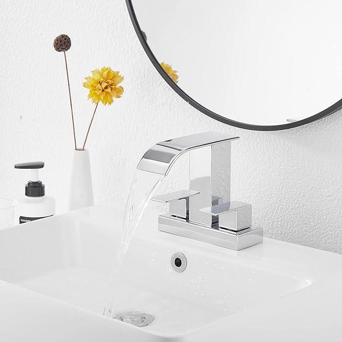 GGStudy Chrome Bathroom Faucet Modern 2 Handles 4 Inches Centerset RV Waterfall Bathroom Vanity Faucet with Drain Assembly - ModernBath