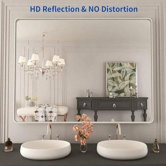 WEER 48X36 Inch Brushed Nickel Bathroom Mirror, Brushed Silver Metal Frame Mirror, Rounded Rectangle Silver Bathroom Vanity Mirror, Tempered Glass, Anti-Rust, Hangs Horizontally or Vertically - ModernBath