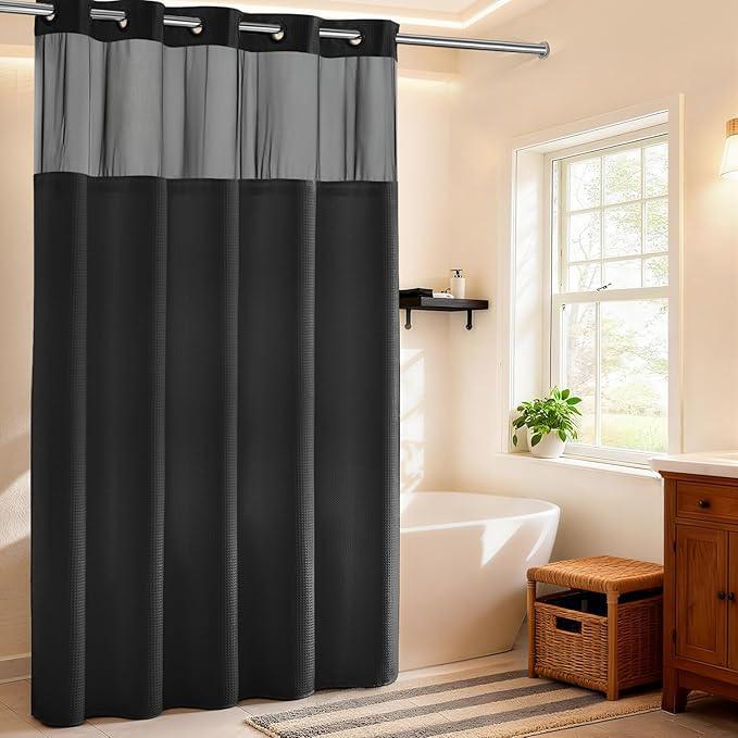 River Dream Heavyweight No Hooks Required Dotted Waffle Weave Shower Curtain with Snap in Liner -Extra Long 71W x 86H,Hotel Grade,Spa Like Bath Curtain,Black - ModernBath