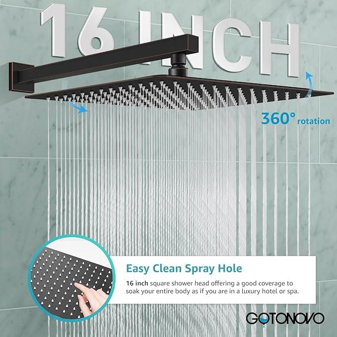 gotonovo Rainfall Bathroom Shower System Rain Shower Head and Handle Set Wall Mounted Shower Complete Combo Solid Brass Pressure Balancing Shower Mixer Valve 16 Inch Oil Rubbed Bronze - ModernBath