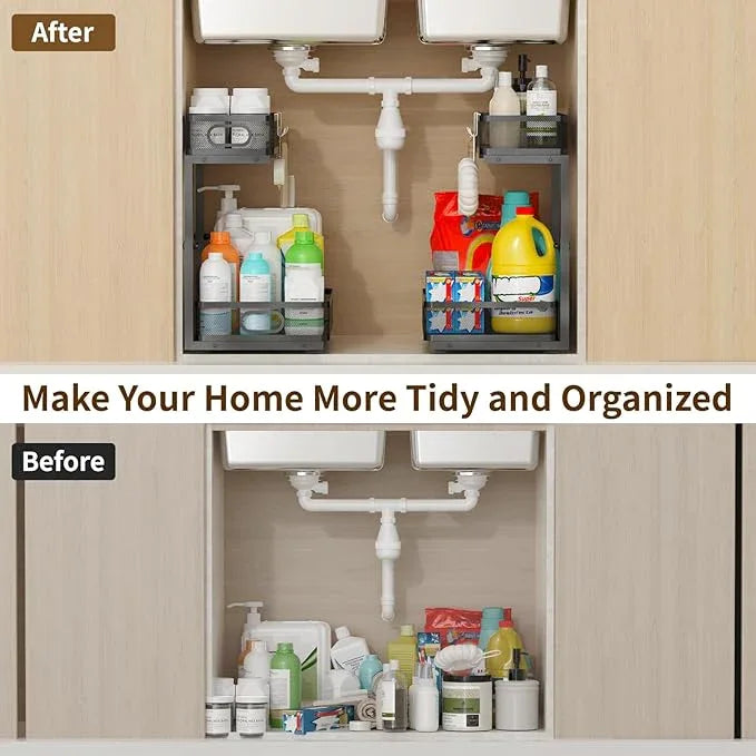 Under Sink Organizer 2 Pack, 2-Tier Slide Out Cabinet Organizer with Metal Sliding Drawer and Hooks, Pull Out Storage Baskets for Kitchen Bathroom Pantry Cabinet Organization (black) - ModernBath