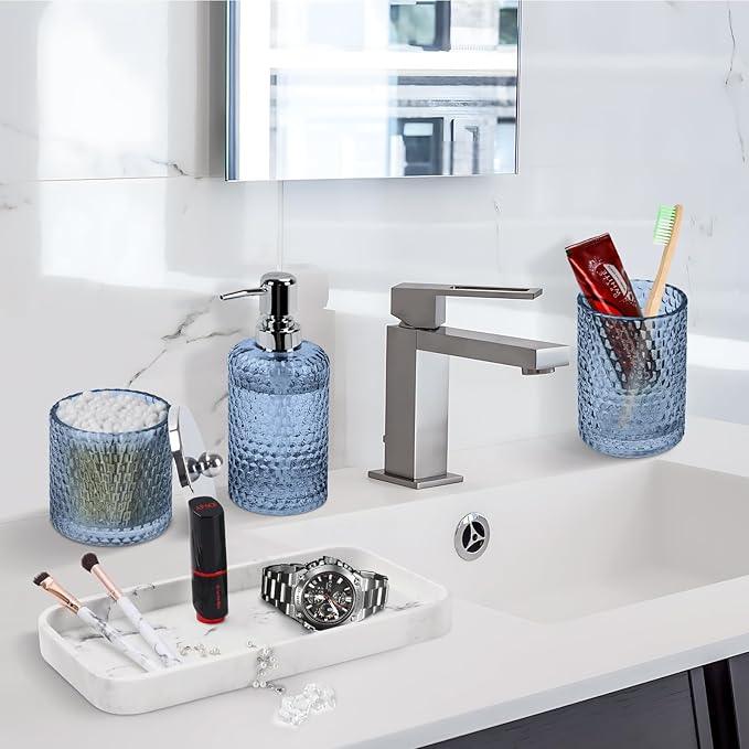 Bathroom Accessories Set,4 Pcs Blue Glass Bathroom Accessories Sets-Lotion Soap Dispenser,Toothbrush Holder,Qtip Holder Dispenser & Resin Vanity Tray,Countertop Vanity Organizer,Blue - ModernBath