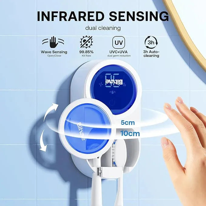 Bitvae Upgraded Tooth Brush Holder for Bathroom 2.0, Infrared Sensing Toothbrush Cleaner, Wall-Mounted for Most Size Toothbrushes, Air Drying, LED Smart Screen, White Gold Trim - ModernBath