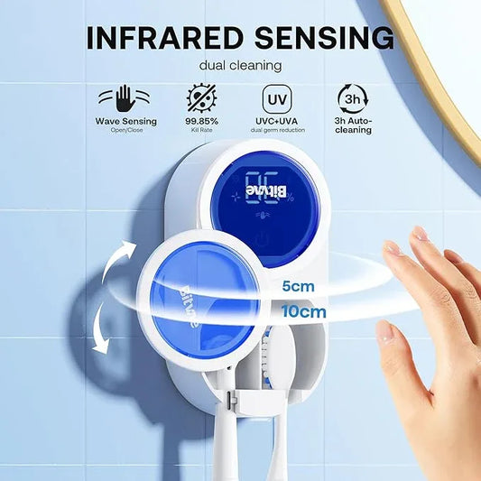 Bitvae Upgraded Tooth Brush Holder for Bathroom 2.0, Infrared Sensing Toothbrush Cleaner, Wall-Mounted for Most Size Toothbrushes, Air Drying, LED Smart Screen, White Gold Trim - ModernBath