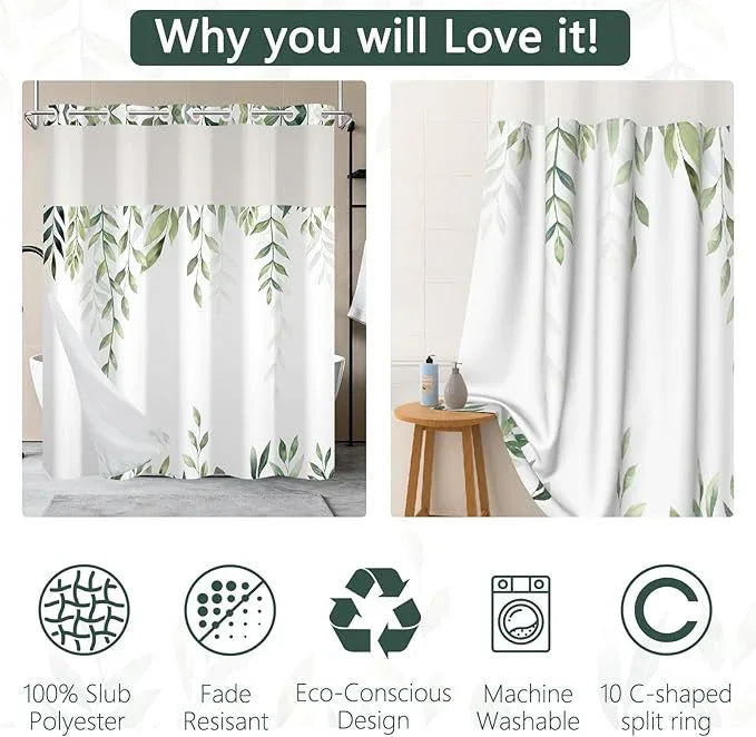 NAEMBCU No Hook Shower Curtain with Snap-in Liner, Tropical Green Watercolor Plant Bath Curtain with See Through Top, Waterproof Double Layer for Bathroom Decor, 71 x 74 Inch - ModernBath