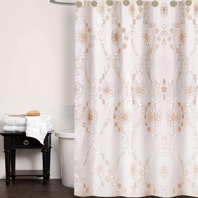 Zahari Home 13pc Rose Vine Bathroom Sheer Shower Curtain Sets Sheer Shower Curtain & 12 Shower Bathroom Hooks Modern Classic Luxury Contemporary Decor Beige Shower Curtain Set - ModernBath