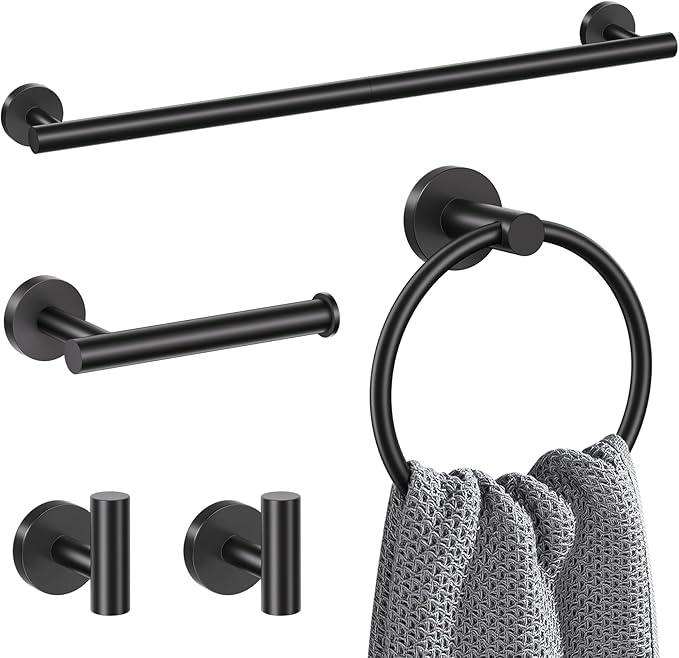 Lairuier 5 Pieces Matte Black Bathroom Accessories Set, 23.6 Inch Bath Towel Bar Set, SUS304 Stainless Steel Bathroom Hardware Set Round Toilet Paper Holder Set Wall Mounted - ModernBath