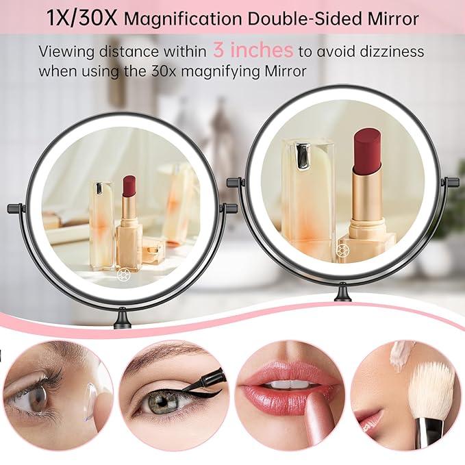 FUNTOUCH Rechargeable Wall Mounted Lighted Makeup Vanity Mirror 8 Inch Double Sided 1X 30X Magnifying Bathroom Mirror, 3 Color Lighting, Touch Dimming, Extended Arm 360 Rotation Light up Mirror Black - ModernBath