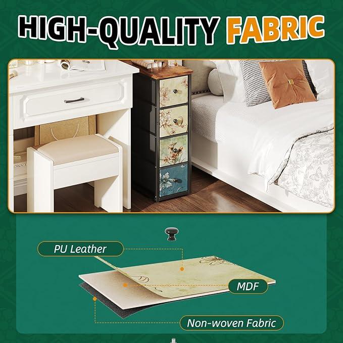Narrow Dresser, Narrow Nightstand Dresser Storage Tower with 4 Drawers, Slim Fabric Dressers Chest of Drawers for Small Spaces, Retro Flower Dressers, for Bedroom Bathroom Laundry Closet, Vintage - ModernBath