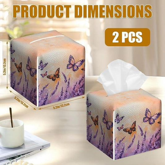 Purple Butterfly Lavender Tissue Box Cover 2PCS, Leather Tissue Box Holder Square Facial Paper Case Tissue Box Cube Organizer for Bathroom Bedroom Desk Office - ModernBath
