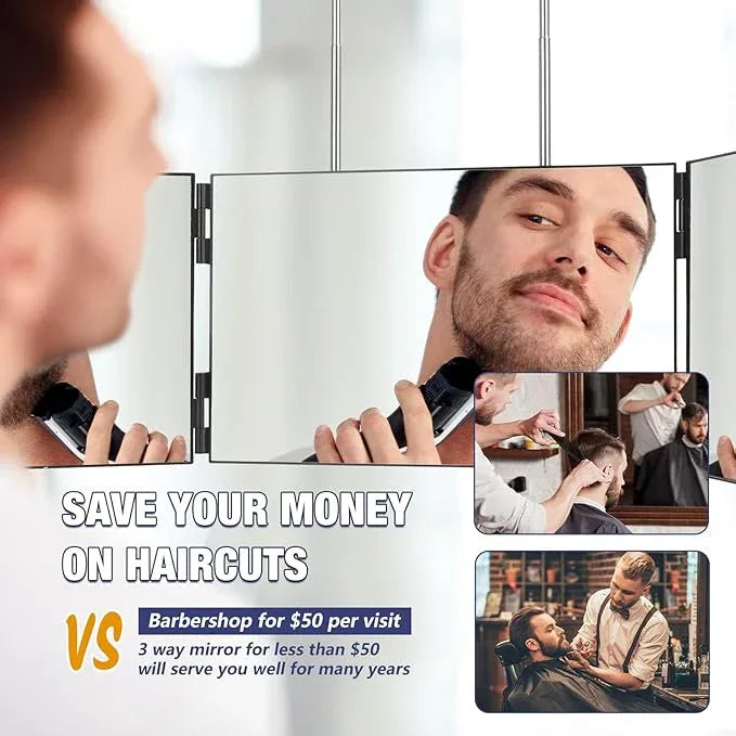 Dripex 3 Way Mirror for Men or Women, 360° Trifold Self Haircut Mirror with Height Adjustable Hooks, for Makeup, Styling, Shaving, Braiding, Dye Hair (Black Without Led) - ModernBath