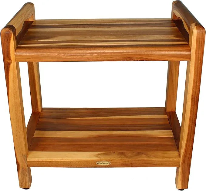 EcoDecors Eleganto 22" H Seat / 24" H Total Extended Height Teak Shower Bench | Supports up to 250 lbs, Safe and Stable Seating | Waterproof Wood Stool for Bathroom | Built-in Shelf - ModernBath