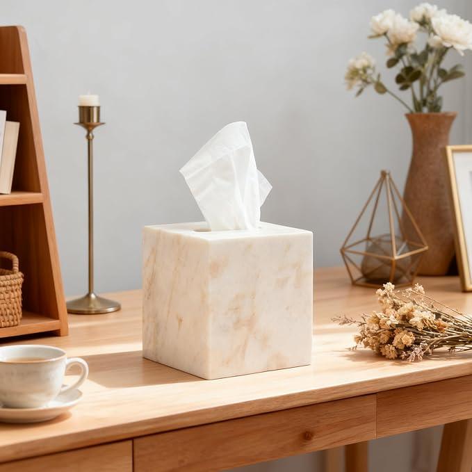 Marble Tissue Box Cover for Bathroom, White with Gold Texture Marble Facial Tissue Holder, Rectangular Toilet Paper Holder Case, Elegant Home Decorative for Vanity, Bedroom, Living Room, Office - ModernBath