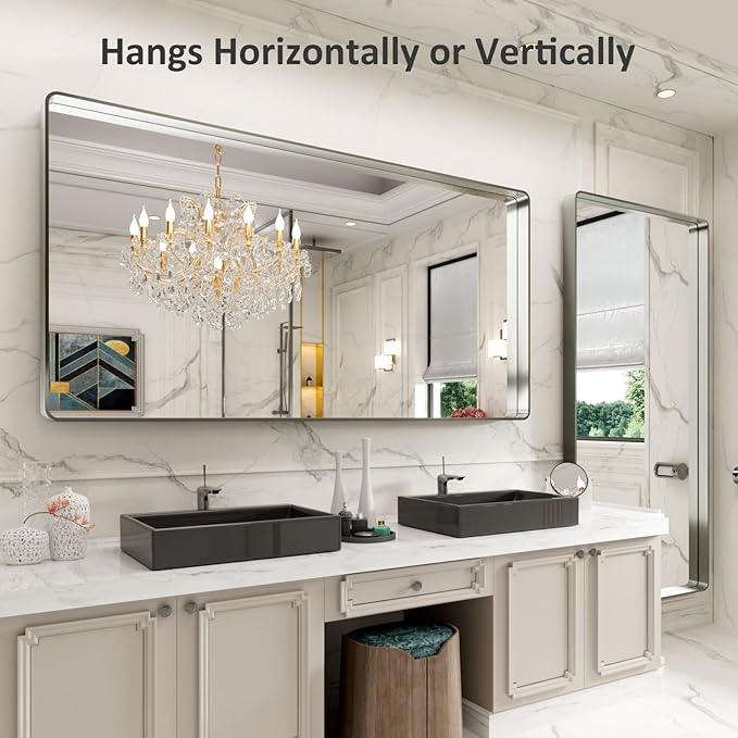 LOAAO 72X32 Inch Brushed Nickel Bathroom Mirror, Rounded Rectangle Silver Metal Frame Mirror, Brushed Nickel, Anti-Rust, Shatter Proof, Hangs Horizontally or Vertically - ModernBath