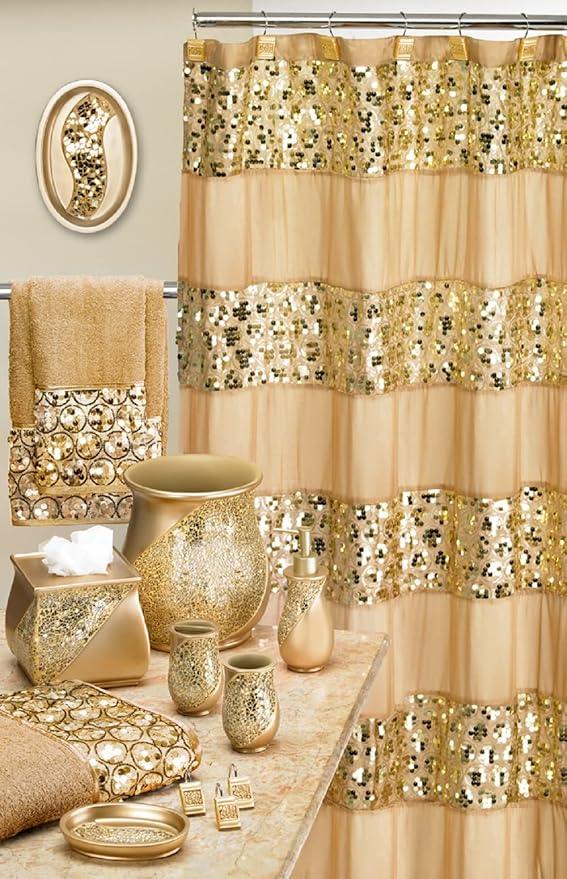 Zahari Home 13pc Sinatra Bathroom Shower Curtain Set - Gold Curtain & 12 Champagne Hooks - Luxury Fabric Bling Unique Beautiful Set - ModernBath