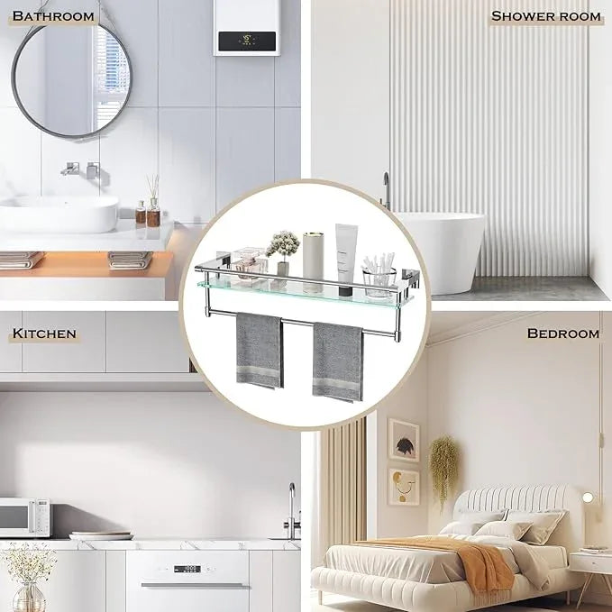 24 Inches Floating Glass Shelves for Wall with Towel Bar/Track, SUS 304 Stainless Steel Railing Tempered Glass Shelf, for Toilet, Room Decor Modern (Chrome Polished, 24-inch) - ModernBath