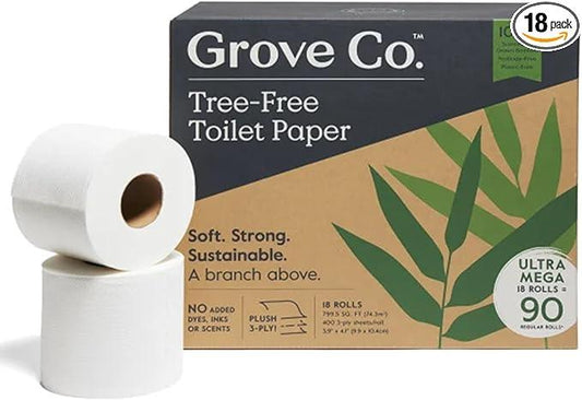 Grove Co. Bamboo Toilet Paper Tree Free & Septic Safe Bath Tissue, Ultra Soft, Durable, & Absorbent 3 Ply Sheets (1 Roll = 44.4 sq ft) Bulk Toilet Paper (Pack of 18 Rolls) - ModernBath