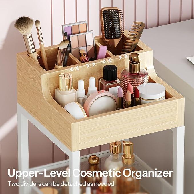 HOOBRO Makeup Organizer Cart, Floor Makeup Storage with Fabric Drawers, Mobile Vanity Organizer, Cosmetics Display Cases, for Skincare, Brush, Hair Tool, Perfume, White and Natural WN19TC04 - ModernBath