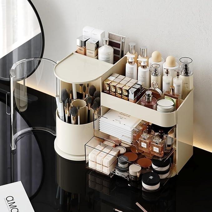 Makeup Organizer with Rotating Brush Holder Cosmetic Organizer with Drawers Countertop Skincare Organizer for Vanity,Cosmetic Display Case Storage (Cream, Large) - ModernBath