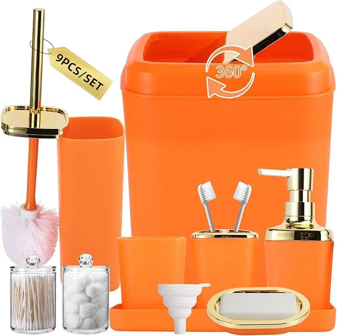 XLHOMO Orange Bathroom Accessories Set, Orange and Gold Bathroom Accessories with Trash Can, Soap Dispenser, Soap Dish, Toothbrush Holder and Q-tip Holders - ModernBath