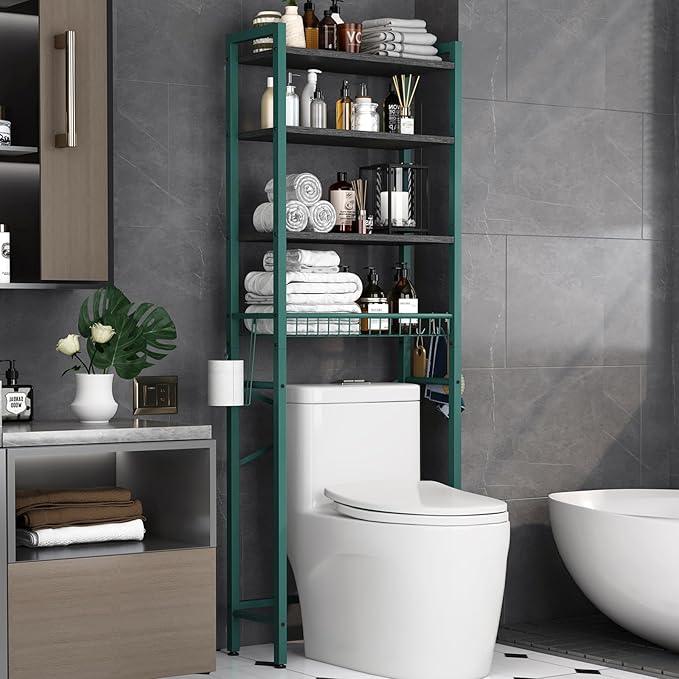 Over-The-Toilet Storage Rack, 4-Tier Bathroom Organizer Shelf Over Toilet with Adjustable Shelf and Basket, Freestanding Space Saver Bathroom Shelves Above Toilet for Room (Green- Black) - ModernBath