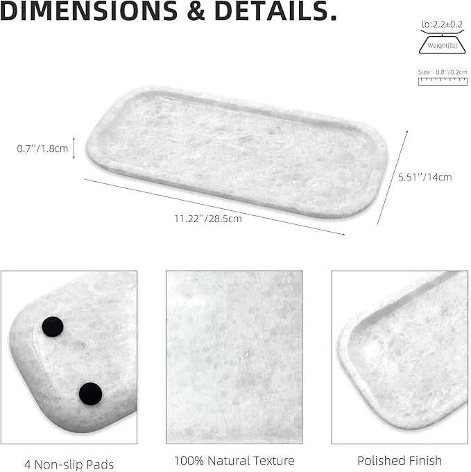 Marmor 100% Natural Marble Bathroom Tray for Perfume, Candles, Jewelry Stone Vanity, Bathroom & Kitchen Counter Organizer and Home Decor (Small White Crystal Tray) - ModernBath