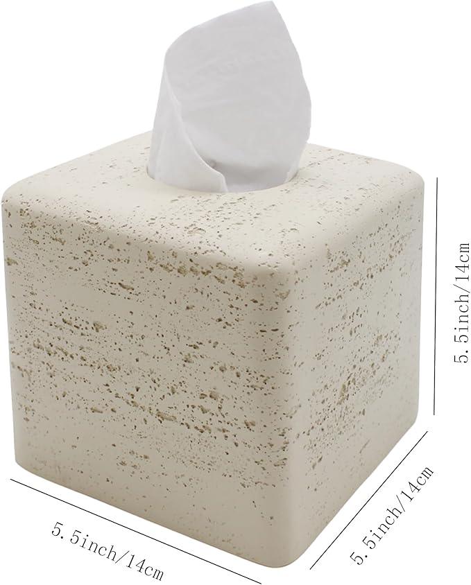 Huitony Travertine Tissue Box Cover Square Decorative Stone Klenex Box Holder for Bathroom & Living Room with Handcrafted Texture (Light Beige) - ModernBath