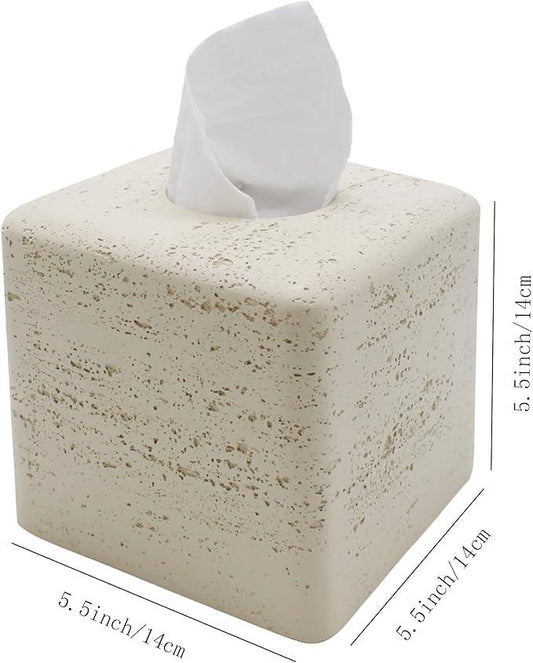 Huitony Travertine Tissue Box Cover Square Decorative Stone Klenex Box Holder for Bathroom & Living Room with Handcrafted Texture (Light Beige) - ModernBath