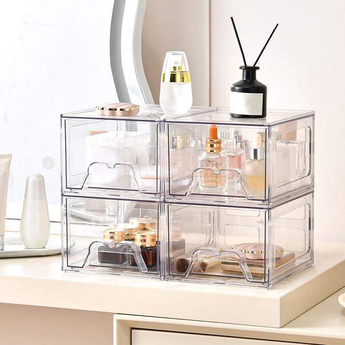 Stebopum 8 Pack Stackable Makeup Organizer, 4.4'' Tall Acrylic Bathroom Makeup Organizer and Storage Drawer with Pull-out Handle, Clear Plastic Storage Bins for Vanity,Pantry,Desk,Undersink,Kitchen - ModernBath