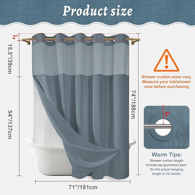 WONICY No Hook Dusty Blue Shower Curtain and Liner, Linen-Look Polyester Textured Shower Curtain with Snap in Liner, Waterproof & Washable Bath Curtains for Bathroom, 71Wx74H - ModernBath