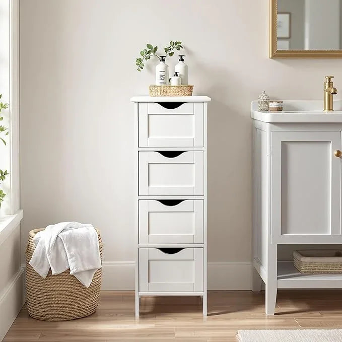 Bonnlo Skinny Bathroom Floor Storage Cabinet,White 12 Inch Wide Deep Small Storage Organizer with 4 Drawers, Wooden Modern Thin Free Standing Tower Cabinet w/ 4 Cute Drawers for Bathroom, Living Room - ModernBath