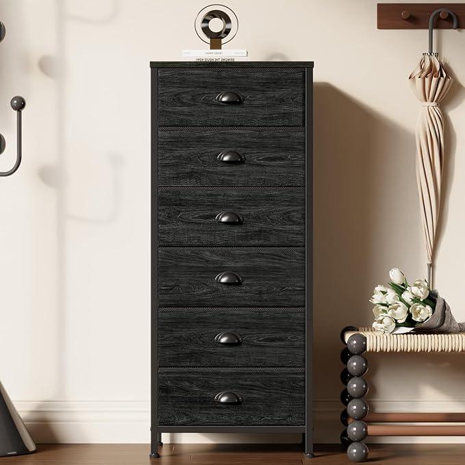 Furnulem Tall Dresser with 6 Drawers,Vertical Bedside End Table & Chest for Bedroom,Black Storage Tower Dorm Nightstand with Fabric Drawer Organizer Unit Furniture in Living Room,Closet,Hallyway - ModernBath