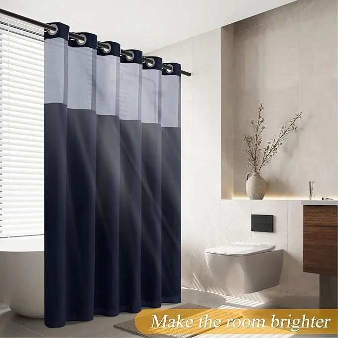 Jowels No Hooks Needed Linen Shower Curtain and Liner Set,Navy Blue Hotel Luxury Decor Shower Curtains for Bathroom with See Through Top Window,Water Resistant Fabric,72Wx75L,Navy Blue - ModernBath