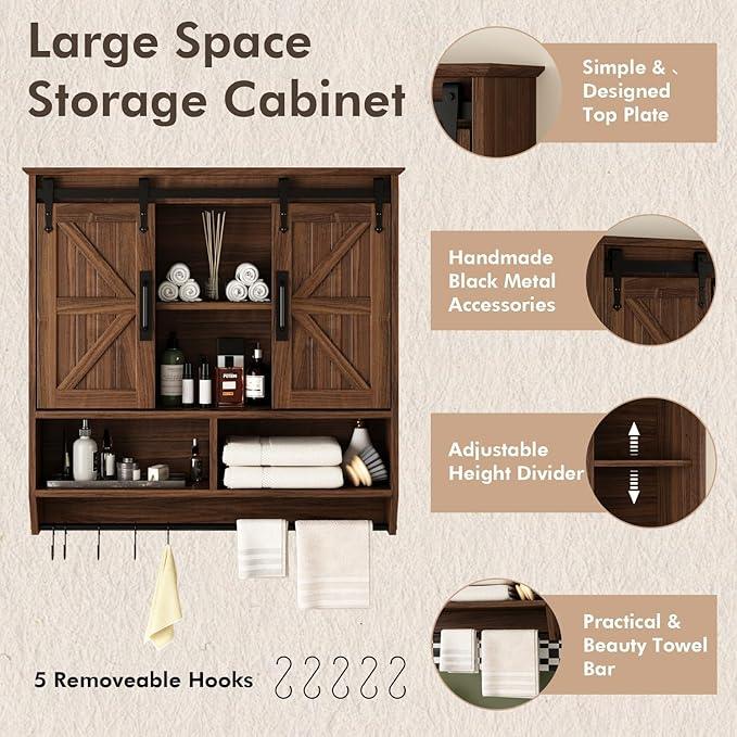 RUSTOWN Farmhouse Bathroom Wall Cabinet,3-Tier Rustic Wood Wall Mounted Cabinets,Vintage Medicine Cabinet with Sliding Barn Door and Adjustable Shelves,Over The Toilet Storage Cabinet (Dark Walnut) - ModernBath