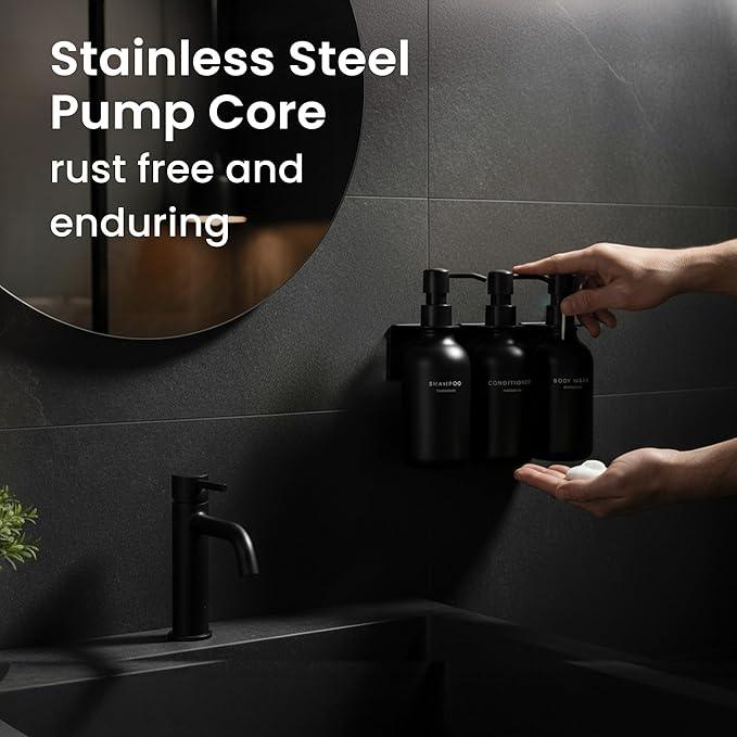 MaisoNovo Shampoo and Conditioner Dispenser - Shower Soap Dispenser Wall Mounted - 16.9 fl oz Set of 3 Black Plastic Bottles Black Pump - Shampoo Dispenser, Shower Dispenser - ModernBath