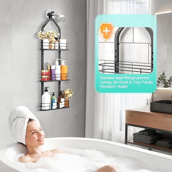 Aquohola Shower Caddy Hanging, Adjustable Anti-Swing-Over The Shower Head Caddy, 3 Tier Height Bathroom Storage Organizer Bathroom Shelves Basket Rack Shower Caddies (3Tier) - ModernBath
