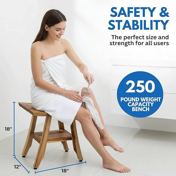 EcoDecors 18" Satori Teak Shower Bench –Compact Bath Seat, Natural Wood Finish Water-Resistant Spa Bench | Slatted Design & Adjustable Feet for Indoor Outdoor Use | Storage Shelf - ModernBath